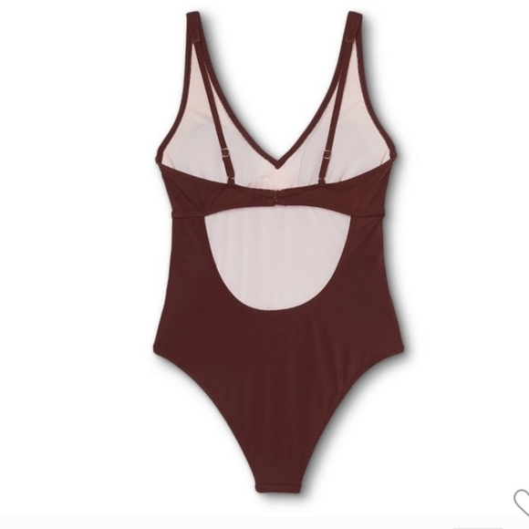 Shade And Shore Plunge Tie-Front Wrap One Piece Brown Swimsuit Size 12/14 New - Picture 5 of 7